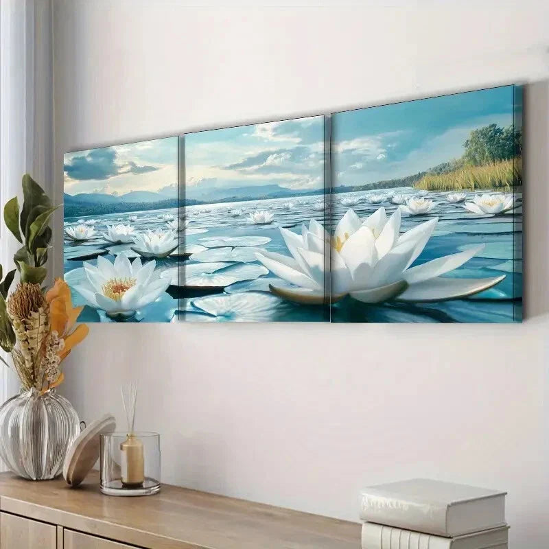 3pcs Water Lilies on Water Luxurious Decor Wall Art Set Canvas Framed 40x60cm - High Quality Print 100% Australian Made Wall Canvas Ready to Hang