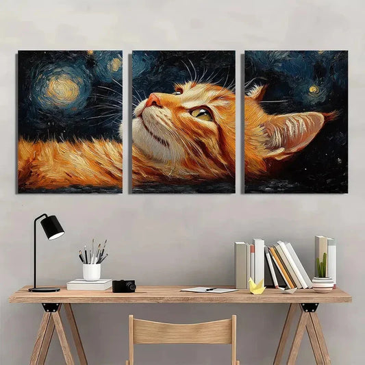 3pcs Starry Night Tabby Cats Orange & Black Metal Print Ready to Hang Art
