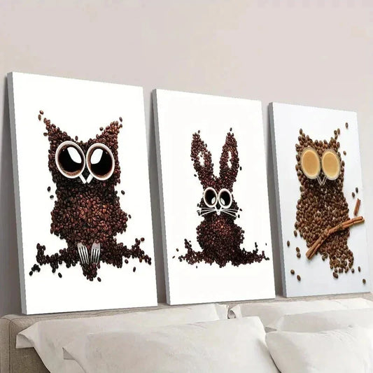 3pcs Owl Bunny & Rabbit Designs with Coffee Cup Wall Art Set Canvas Framed 40x60cm - High Quality Print 100% Australian Made Wall Canvas Ready to Hang
