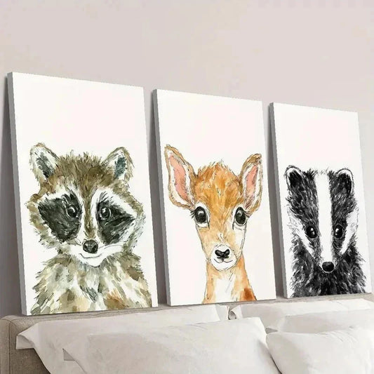 3pcs Baby Raccoon Cute Deer and Badger Wall Art Set Canvas Framed 40x60cm - High Quality Print 100% Australian Made Wall Canvas Ready to Hang