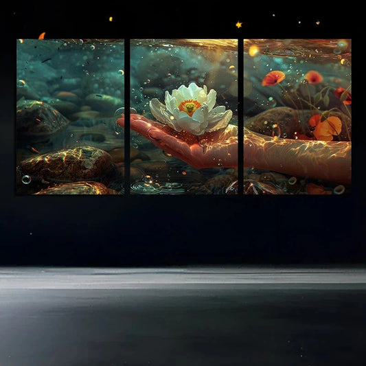 3pcs Flower on Palm Nature Contemporary Metal Print Ready to Hang Art