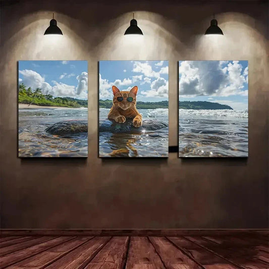 3pcs Cat on Beach Stone Blue Sky White Clouds Metal Print Ready to Hang Art