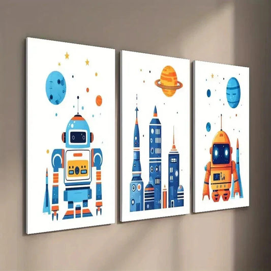 3pcs Cartoon Space Theme Wall Art Set Canvas Framed 40x60cm - High Quality Print 100% Australian Made Wall Canvas Ready to Hang