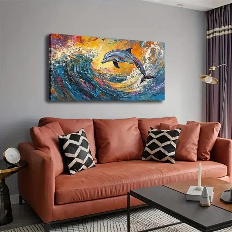 Vibrant Dolphin Leaping Waves Wall Art Canvas Office Home Room Framed 120x60cm