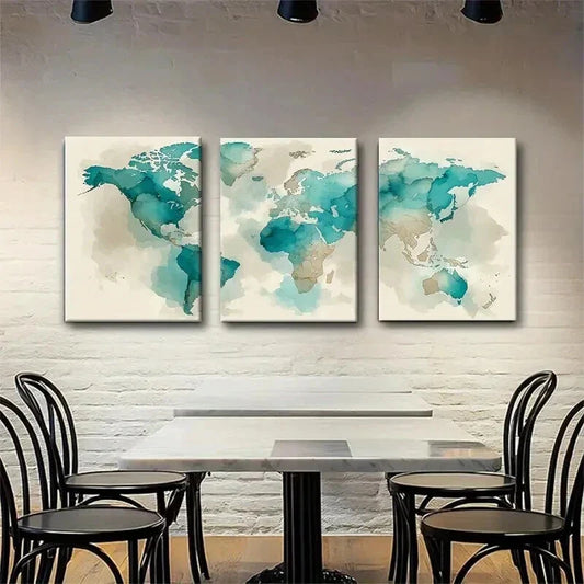 3pcs Abstract Global Map Beige Tones Perfect Wall Art Set Canvas Framed 40x60cm - High Quality Print 100% Australian Made Wall Canvas Ready to Hang