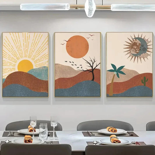 3pcs Landscape Art Sun Moon Plants And Mountains Metal Print Ready to Hang Art