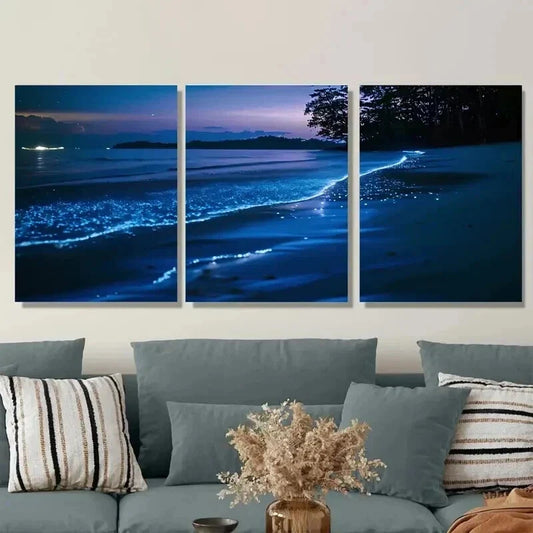 3pcs Glowing Ocean Night Scene Stunning Wall Art Set Canvas Framed 40x60cm - High Quality Print 100% Australian Made Wall Canvas Ready to Hang