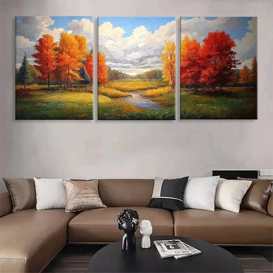 3pcs Flowing Stream and Golden Foliage Prefect Wall Art Set Canvas Framed 40x60cm - High Quality Print 100% Australian Made Wall Canvas Ready to Hang