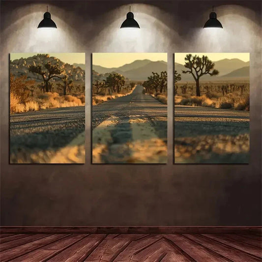 3pcs Park Empty Road Mountain Big Trees Metal Print Ready to Hang Art