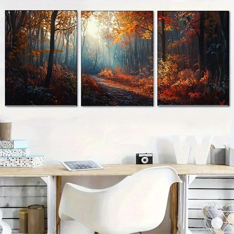 3pcs Mist Autumn Forest Autumn Scenery Metal Print Ready to Hang Art