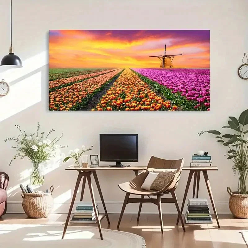 Vibrant Tulip Sea & Sunrise Wall Art Canvas Office Home Room Framed 120x60cm