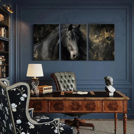 3pcs Black Horse Art Equestrian Decor Metal Print Ready to Hang Art