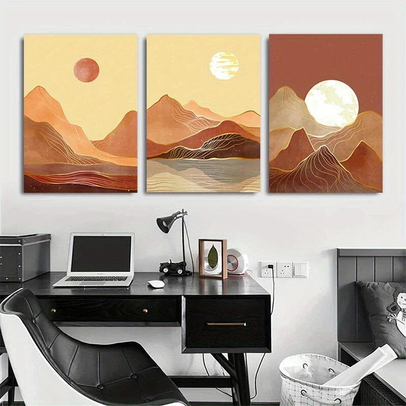 3pcs Moon and Sun Sunset Mountains Metal Print Ready to Hang Art