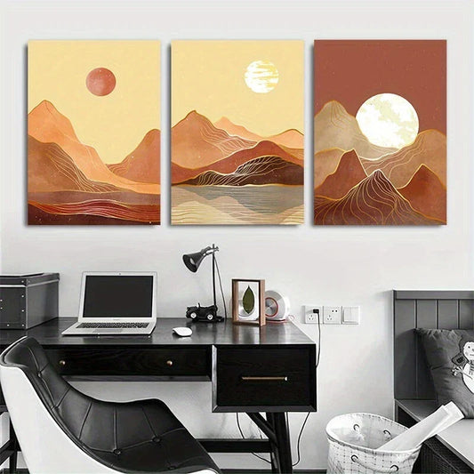 3pcs Moon and Sun Sunset Mountains Metal Print Ready to Hang Art