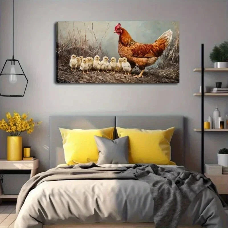 Realistic Chicken and Chicks Wall Art Canvas Office Home Room Framed 80x45cm
