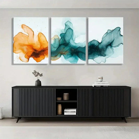3pcs Orange Teal & White Brush Strokes Perfect Wall Art Set Canvas Framed 40x60cm - High Quality Print 100% Australian Made Wall Canvas Ready to Hang