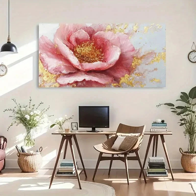 Golden Textured Pink Flower Wall Art Canvas Office Home Room Framed 120x60cm