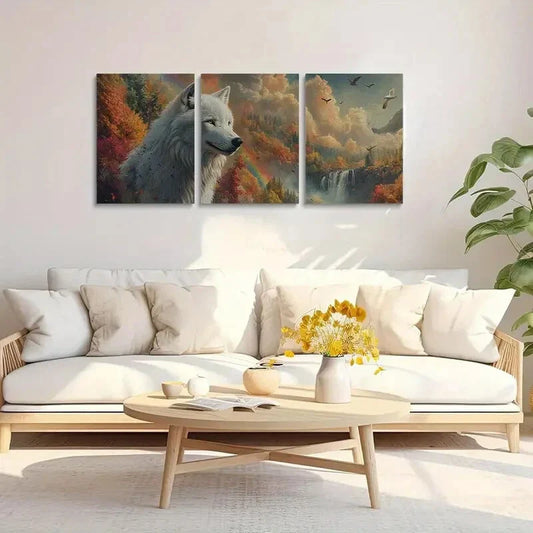 3pcs Wolf Golden Painting Quality Metal Print Ready to Hang Art