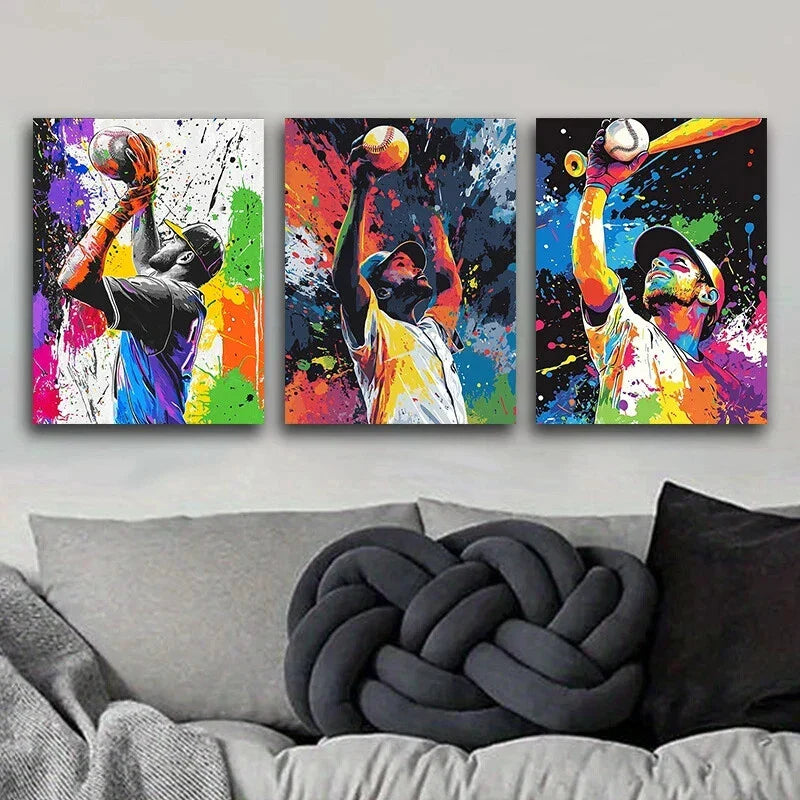 3pcs Man Playing Basket Ball Colourful Painting Metal Print Ready to Hang Art