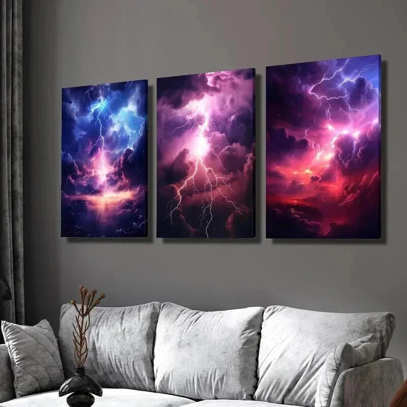 3pcs Abstract Purple and Blue Lightning Clouds Wall Art Set Canvas Framed 40x60cm - High Quality Print 100% Australian Made Wall Canvas Ready to Hang