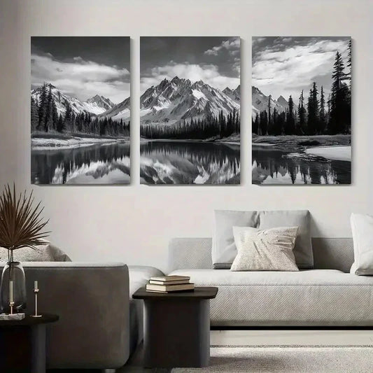 3pcs Black and White Mountain Landscape Metal Print Ready to Hang Art