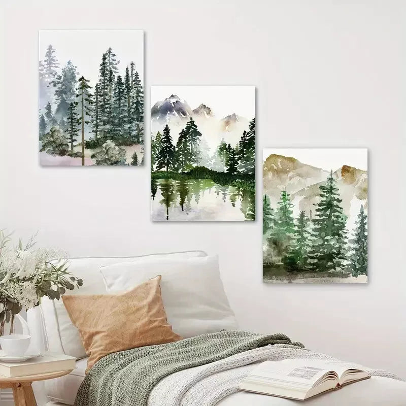 3pcs Mountain Forest Scenery Tranquil River Wall Art Set Canvas Framed 40x60cm - High Quality Print 100% Australian Made Wall Canvas Ready to Hang