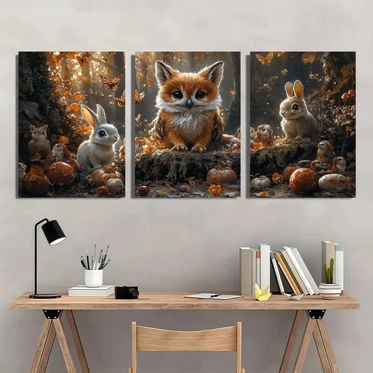 3pcs Forest Animals Owl Fox Rabbit Fantasy Metal Print Ready to Hang Art
