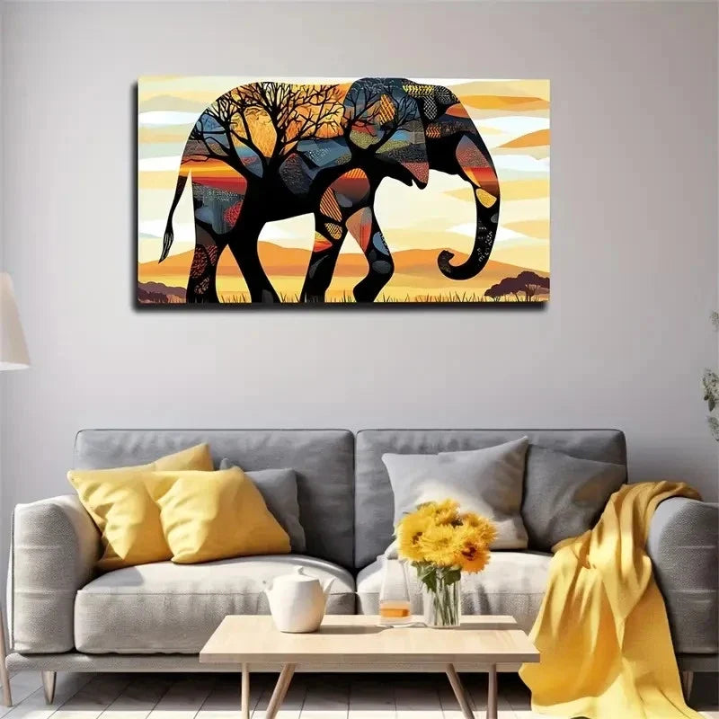 Abstract Elephant Vibrant Sun Wall Art Canvas Office Home Room Framed 120x60cm