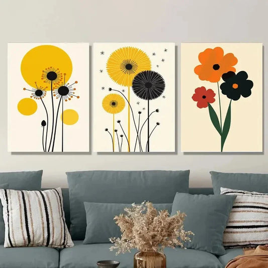 3pcs Vibrant Yellow, Orange & Red Botanical Metal Print Ready to Hang Art