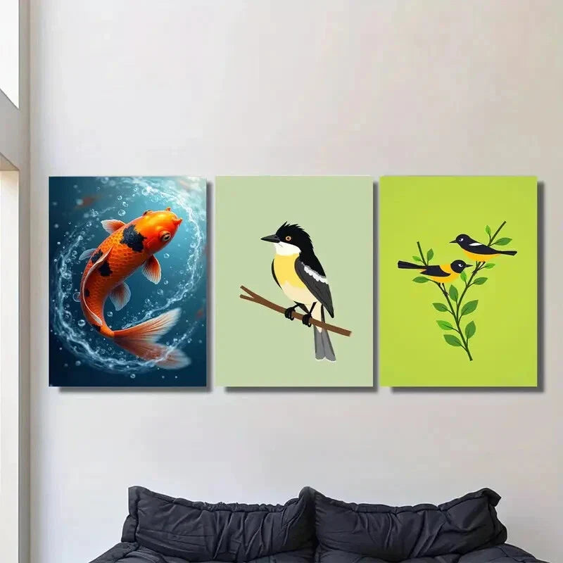 3pcs Colorful Fish and Birds Vibrant Nature Metal Print Ready to Hang Art
