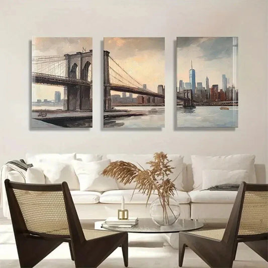 3pcs Skyline And Brooklyn Bridge Perfect Wall Art Set Canvas Framed 40x60cm - High Quality Print 100% Australian Made Wall Canvas Ready to Hang