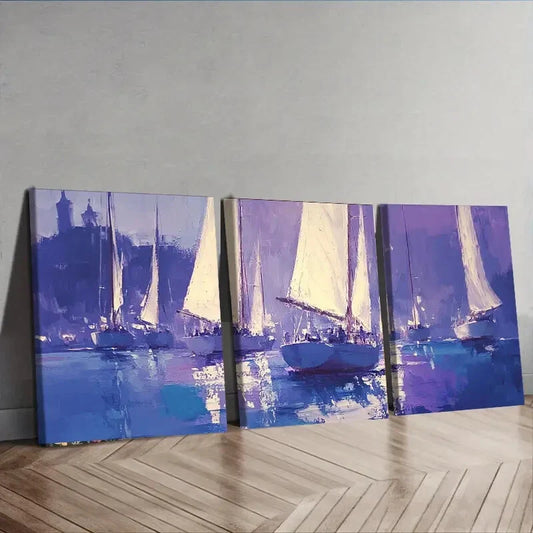 3pcs Sailboats at Sea Purple Blue Nature Perfect Wall Art Set Canvas Framed 40x60cm - High Quality Print 100% Australian Made Wall Canvas Ready to Hang