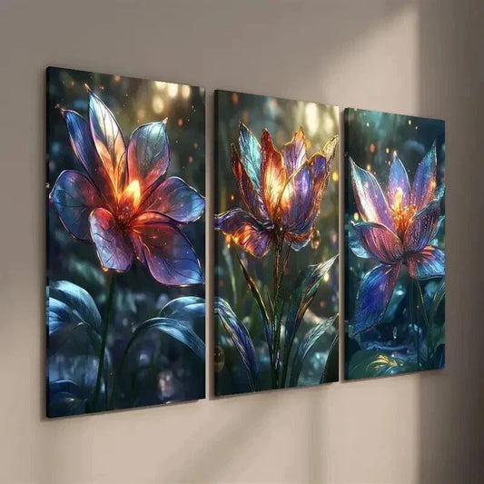 3pcs Vibrant Luminous Glowing Petals Flower Wall Art Set Canvas Framed 40x60cm - High Quality Print 100% Australian Made Wall Canvas Ready to Hang