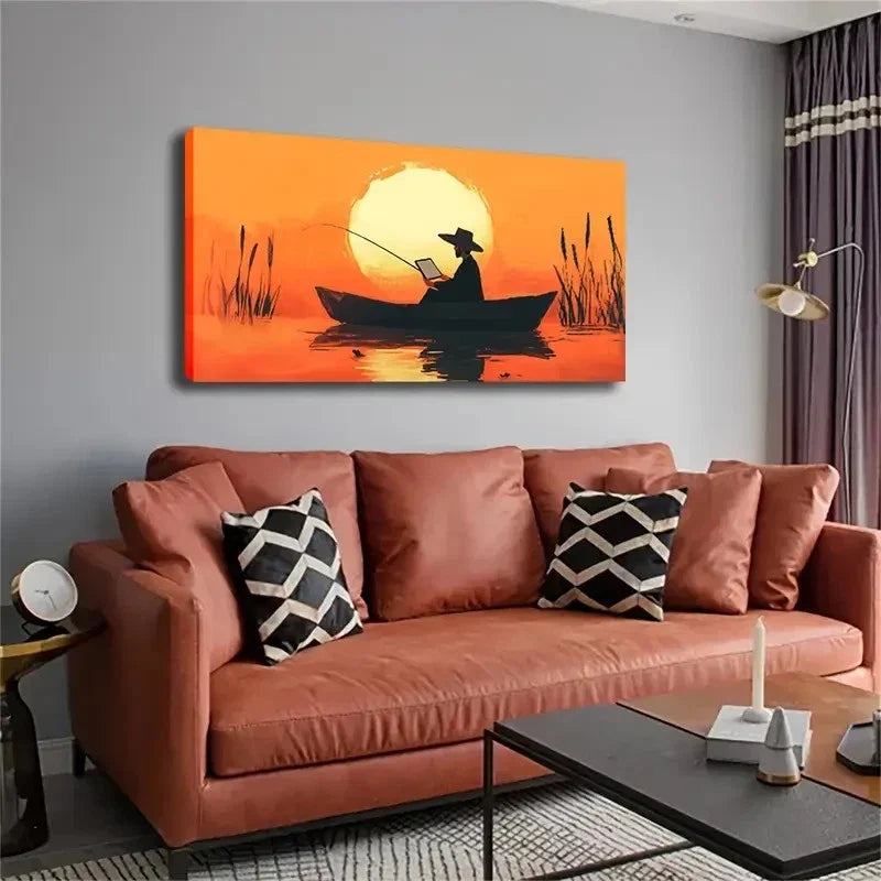 Serene Fishing Scene At Sunset Wall Art Canvas Office Home Room Framed 120x60cm