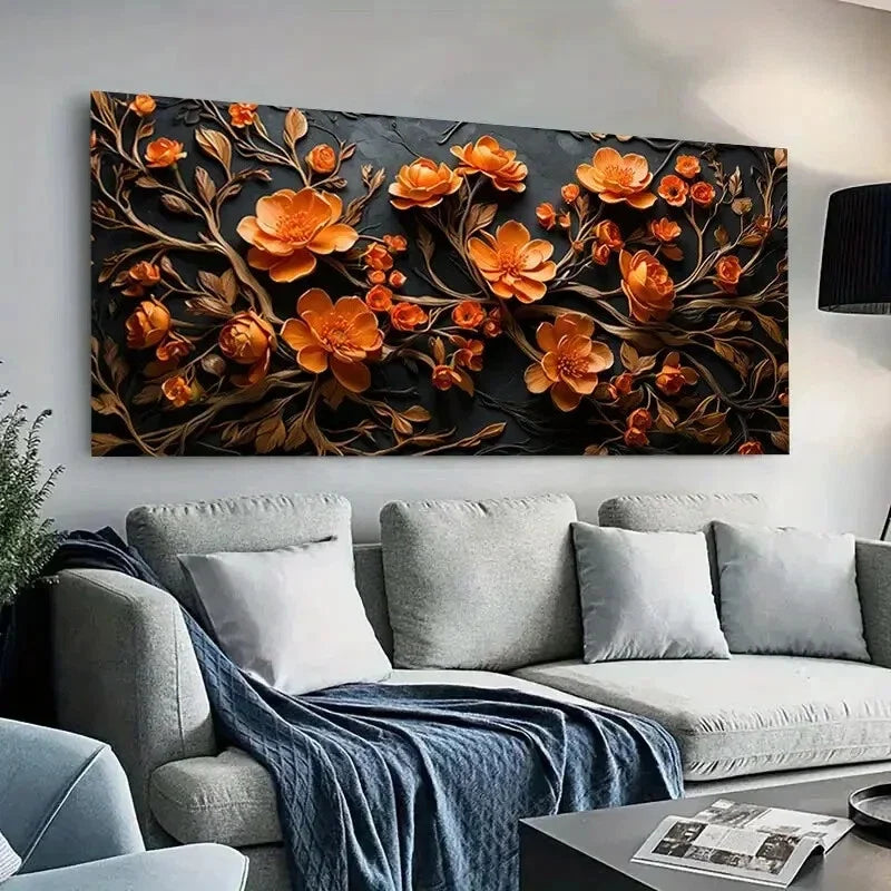 Elegant Orange & Golden Floral Wall Art Canvas Office Home Room Framed 80x45cm
