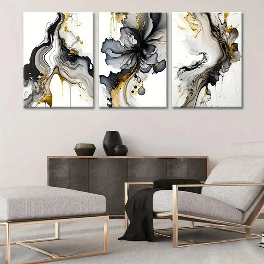 3pcs Modern Marble Fluid Black and Golden Metal Print Ready to Hang Art