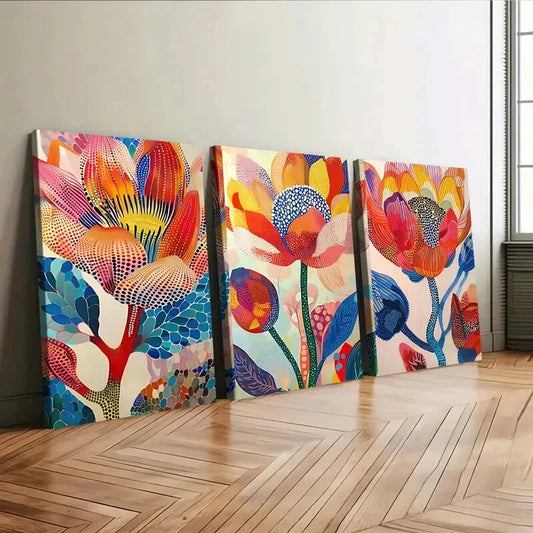 3pcs Colorful Blooming Flowers Botanical Red Wall Art Set Canvas Framed 40x60cm - High Quality Print 100% Australian Made Wall Canvas Ready to Hang