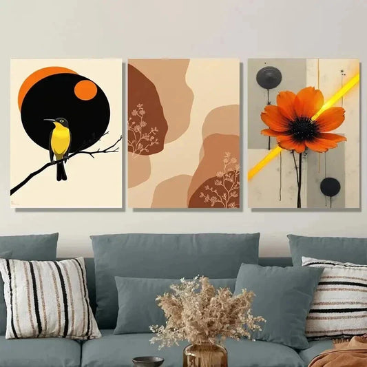 3pcs Modern Abstract Bird Orange & Yellow Wall Art Set Canvas Framed 40x60cm - High Quality Print 100% Australian Made Wall Canvas Ready to Hang