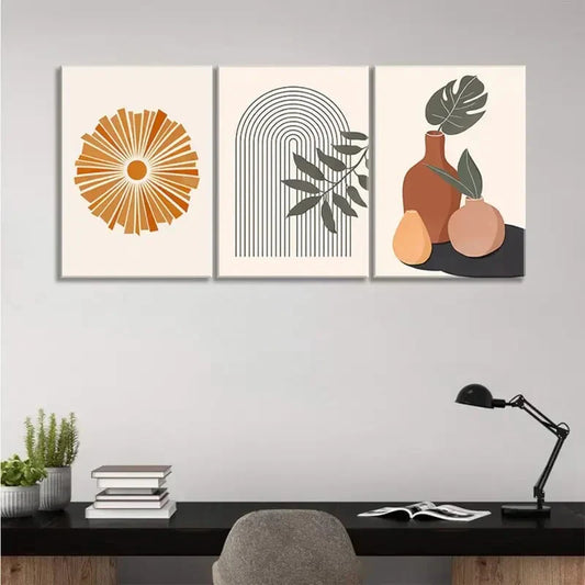 3pcs Geometric Abstract Orange & Red Botanical Metal Print Ready to Hang Art