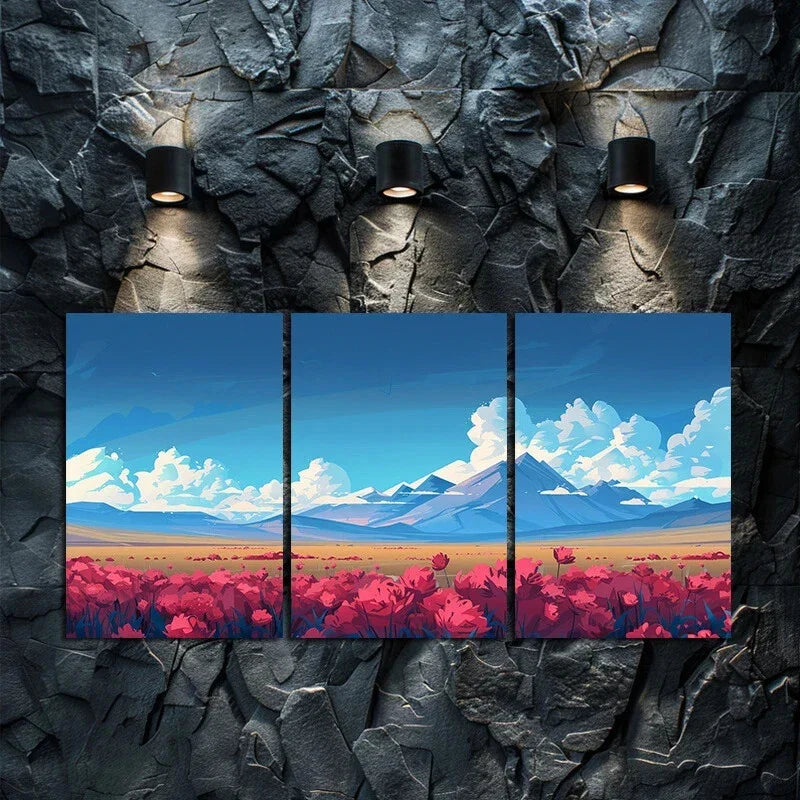 3pcs Nature Red Flowers Mountain Metal Print Ready to Hang Art
