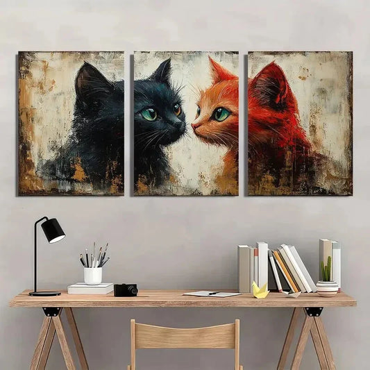 3pcs Black & Orange Cats Modern Farmhouse Metal Print Ready to Hang Art