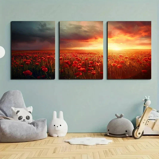 3pcs On Cloudy Days and Flower Fields Metal Print Ready to Hang Art