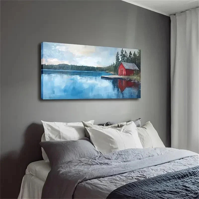 Realistic Red House Lake Land Wall Art Canvas Office Home Room Framed 80x45cm