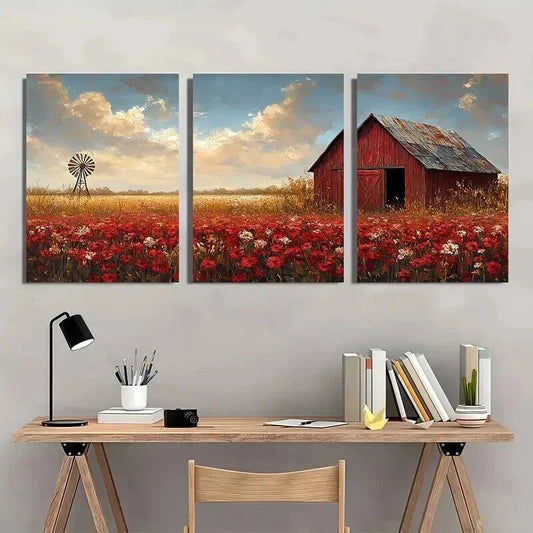 3pcs Field with Weathered Red Barn & Windmill Wall Art Set Canvas Framed 40x60cm - High Quality Print 100% Australian Made Wall Canvas Ready to Hang
