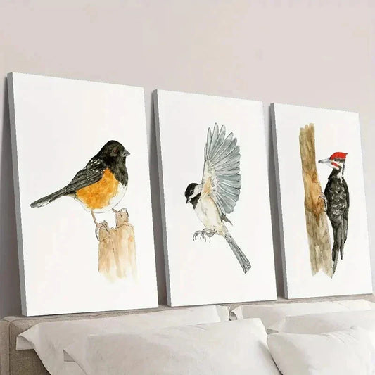 3pcs Thrush Carolina Chickadee Woodpecker Wall Art Set Canvas Framed 40x60cm - High Quality Print 100% Australian Made Wall Canvas Ready to Hang