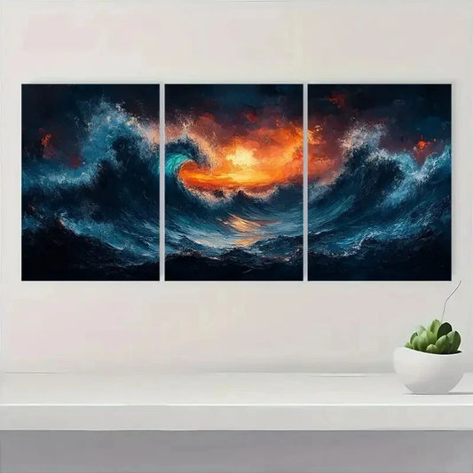 3pcs Vibrant Blue Sea and Sunset Abstract Metal Print Ready to Hang Art