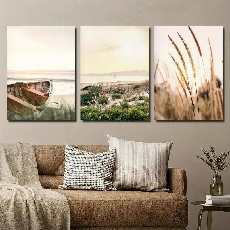 3pcs Sunset and Boats on The Coast Wall Art Set Canvas Framed 40x60cm - High Quality Print 100% Australian Made Wall Canvas Ready to Hang