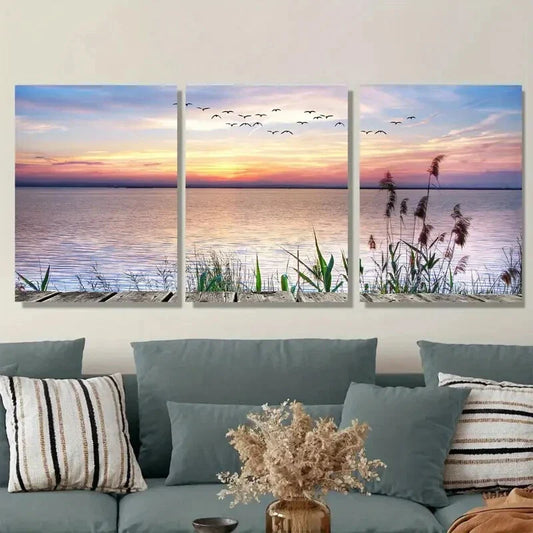 3pcs Beautiful Sunset Lake Serene Water & Duck Metal Print Ready to Hang Art