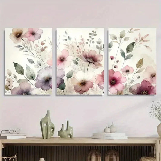 3pcs Pink Watercolor Floral Modern Flower Metal Print Ready to Hang Art