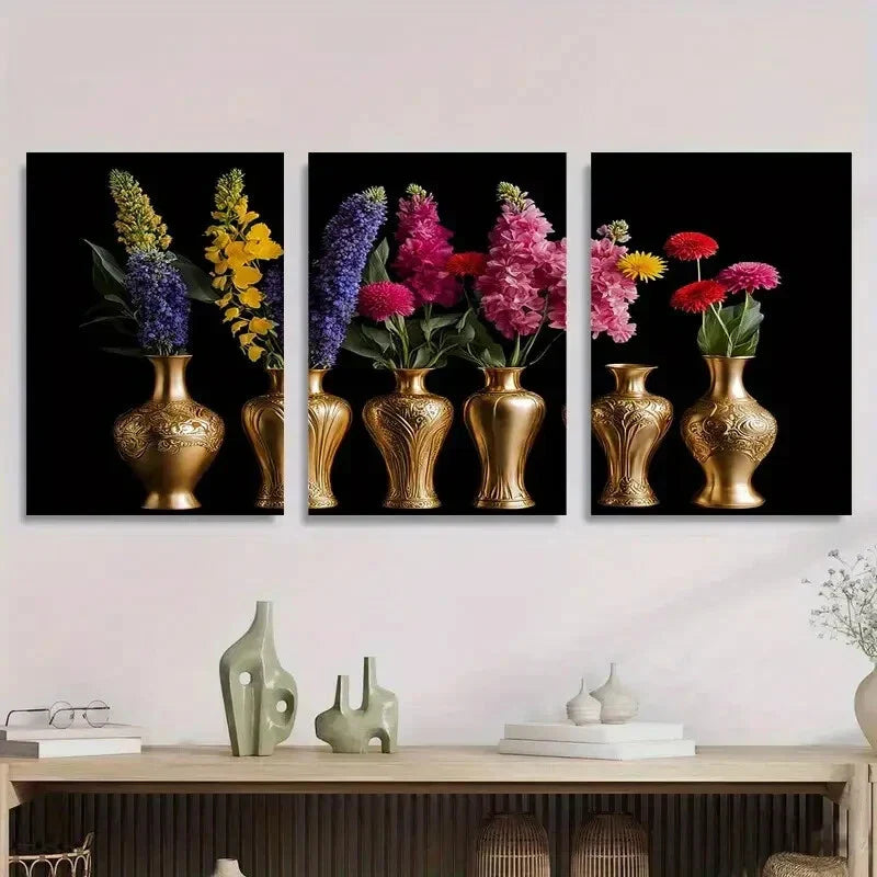 3pcs Colorful Flowers in Golden Vases Metal Print Ready to Hang Art